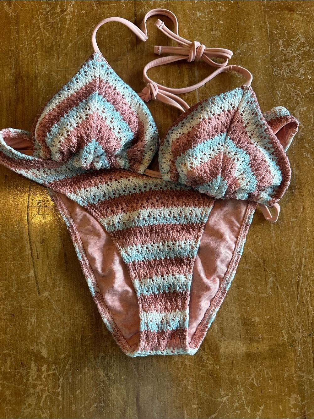 Hollister Pink and Light Blue Crochet Stripe Bikini